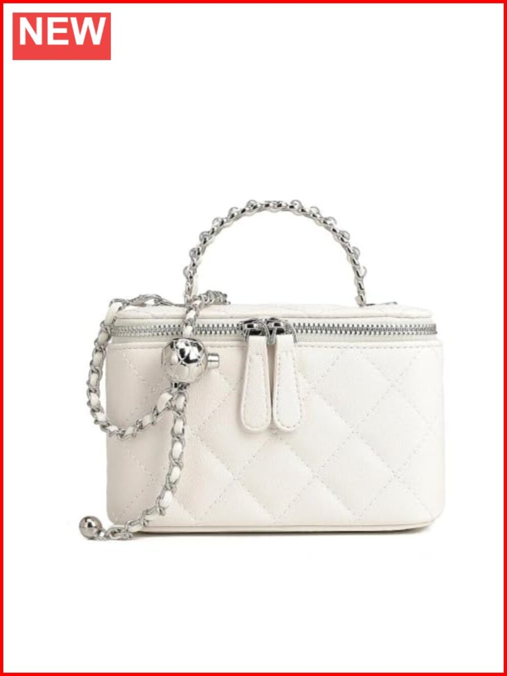 Quilted Faux Leather Vanity Bag Mini Box Crossbody Purse with Pearl Chain Top